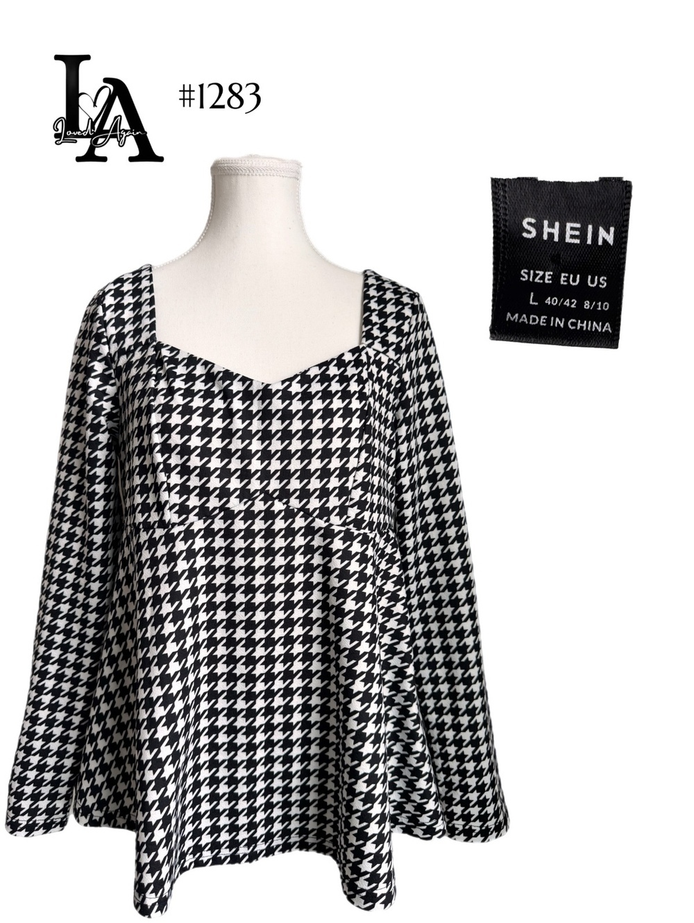 SHEIN Black & White Houndstooth Square Neck Blouse